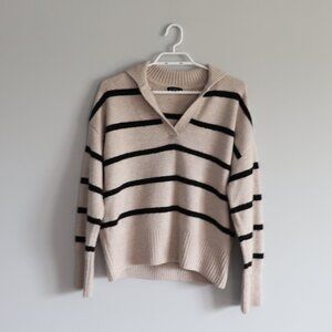 Dynamite Women's Striped Sz XS Collared Ribbed V-Neck Oversized Pullover Sweater
